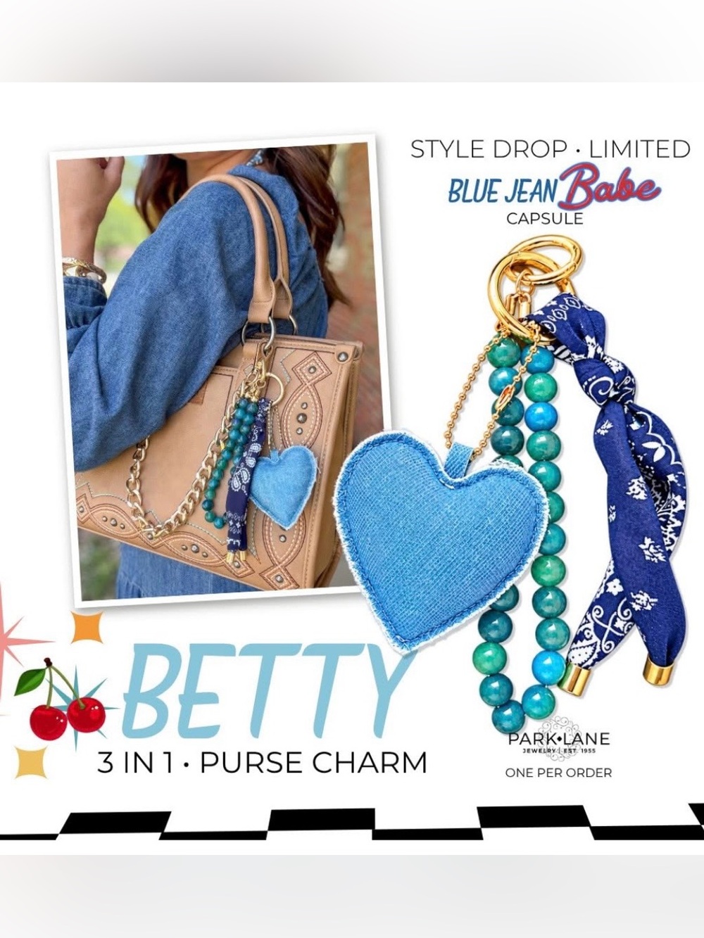 🩵 Park Lane💙BETTY Purse Charm Blue Heart Beaded Tassel Denim Blue Puffed Heart
